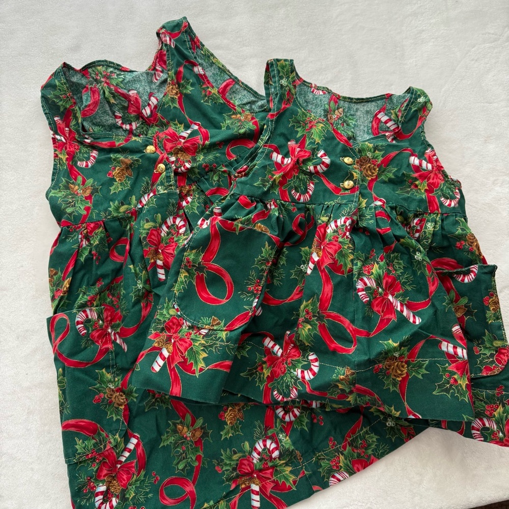 Vintage Handmade Christmas Festive Green and Red Kids Dress Set of 2